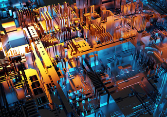 Abstract background. Texture with blue-yellow gradient. Colorful background PCB theme.Abstract computer board. Visualization of PCB pattern. Abstract background without focus. 3d image.