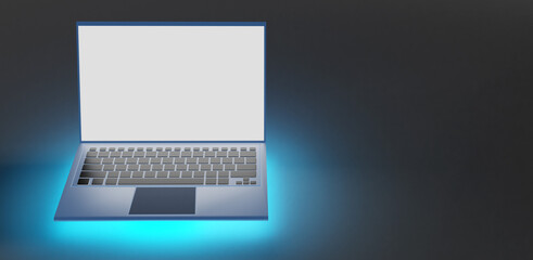 Fototapeta na wymiar Laptop design. Laptop template with blank screen. Place for text next to computer. Banner with advertising space. PC with empty space your ads. Laptop in turquoise neon glow. 3d image.