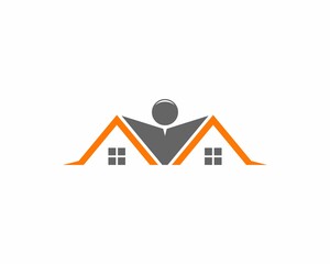 Roofing house with abstract happy people in the middle