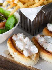 Prawn Roll Closeup. Seafood hotdog with mayonnaise.