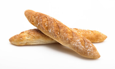 French freshly baked baguette on white background