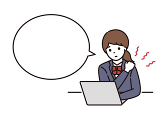 パソコンの前で肩こりに悩む学生服の女子高校生・中学生 吹き出し
