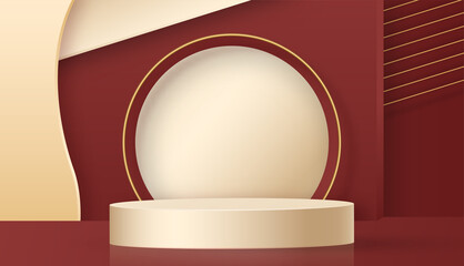 3d Round podium stage with nice and creative symbols on paper cut style with color background for cosmetics brand design and advertising