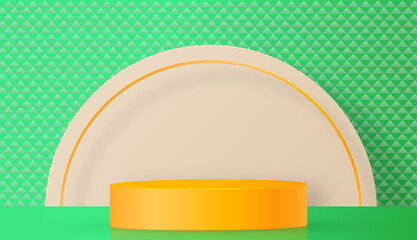 3d Round podium stage with nice and creative symbols on paper cut style with color background for cosmetics brand design and advertising