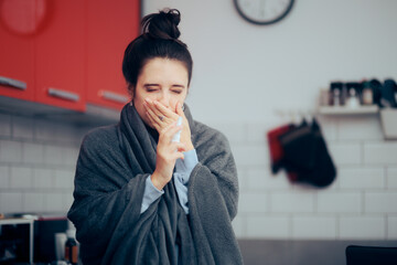Sick Woman Holding Nasal Spray Feeling Cold at Home