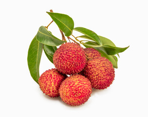 Fresh lychees with leaves isolated on white background. Tropical fruits. 