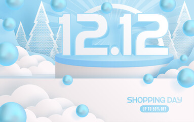 12.12 Shopping festival, Speech marketing banner design on  winter background and round podium, snow, and Floating ribbon with craft style.