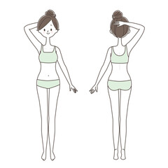片方の脇を見せた若い女性の全身　正面と後ろ姿