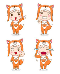 boy wear fox costume with different expression