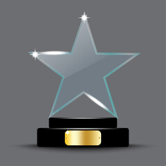 Glass trophy star emblem. Winner concept. Gray background. Sport time. Bright design. Vector illustration. Stock image. 