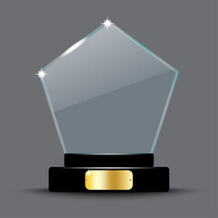 Polygon glass trophy. Gray background. Prize cup. Achievement concept. Victory symbol. Vector illustration. Stock image. 