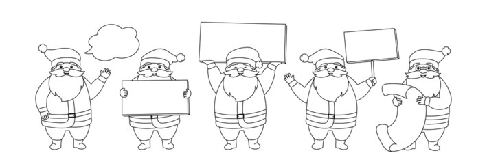 Christmas Santa Claus holding blank sign board copy space. Funny doodle character and advertisement banner set. Happy New Year congratulation or sale, blank banner. Design xmas outline vector