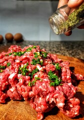 ground meat, ground meat hands, Argentine meat, beef, meat on a wooden board, wood