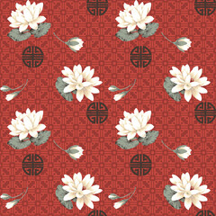 Asian seamless vector design with peonies, prosperity coins on textured background