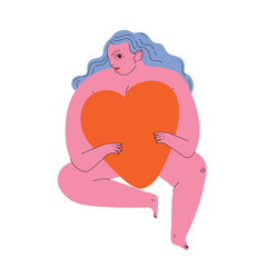 Happy beautiful woman holding a big heart. Love yourself, self acceptance, self-confident,  body positive and mental health concept.  Hand drawn vector colorful funny cartoon style illustration