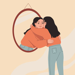 Young woman hugging her own reflection in the mirror. Love yourself, self care, self acceptance concept. Hand drawn vector colorful funny cartoon style illustration - obrazy, fototapety, plakaty