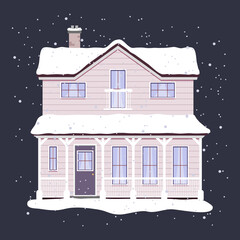Zimowy domek i padający śnieg. Dom pokryty śniegiem. Nowoczesny różowy rodzinny dom ze spadzistym dachem, oknami, drzwiami i białymi poręczami. Urocza chatka nocą w zimowej scenerii. - obrazy, fototapety, plakaty