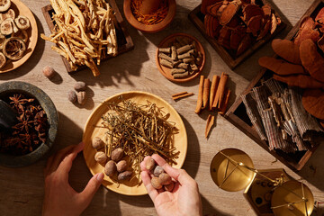 Traditional chinese medicine with herb and spices in brown wooden background mortar and pestile ,...