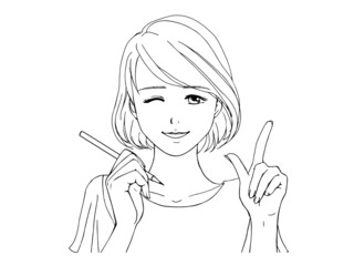 夏服の女性_鉛筆_ウインク_線画