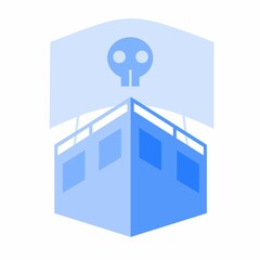 blue pirate ship in front of view with skull mark, flat styled design