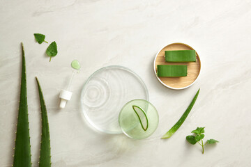 Aloe vera extract research in laboratory with a petri dish dropper in white background for aloe...