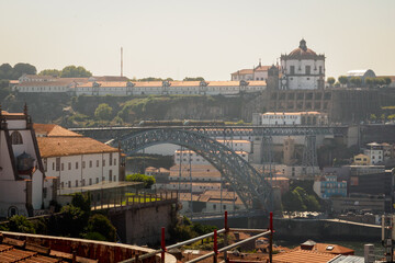 View of the iconic Luis I metal bridge over the Douro in Porto from the Belvedere in Vitoria
