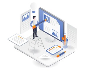 Fototapeta premium Men insert ideas into blog and web content