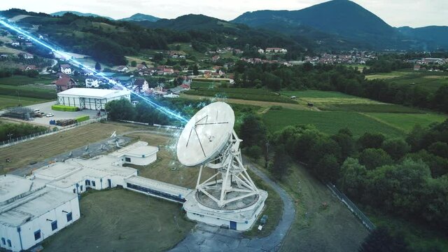 Animation, Ground Station Satellite Dish Sending Signals Into Atmosphere, Motion Graphics on Aerial Drone Shot