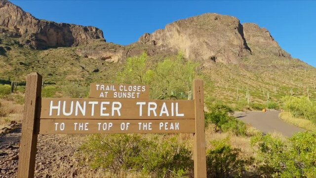 Wooden Signpost Of Hunter Trail At Picacho Peak State Park In Pinal County, Arizona USA. Handheld