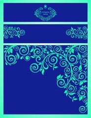 Design vintage lazuli blue templates with jade color curled floral pattern for business cards. Corporate style