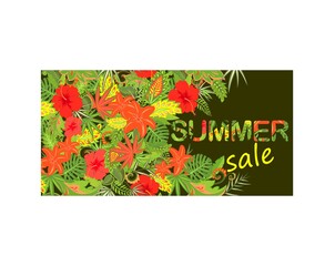 Summer sale banner design template with exotic flowers and tropical leaves for online shopping, advertising and website