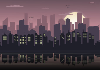 Modern City Landscape Buildings and Architecture Real Estate Silhouette Vector Background Illustration in Line Simple Geometric Flat Style