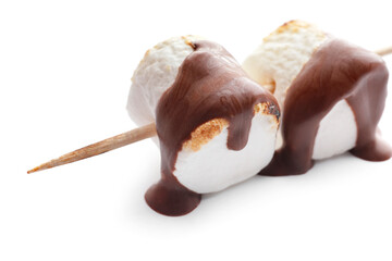 Skewer with tasty grilled marshmallows in chocolate on white background