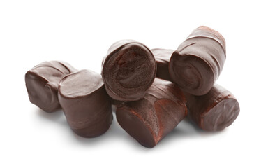 Tasty grilled marshmallows in chocolate on white background