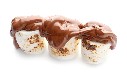 Tasty grilled marshmallows in chocolate on white background