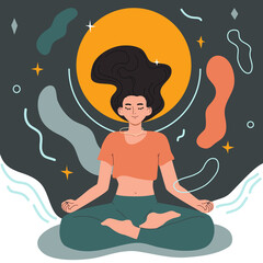 Woman sitting with crossed legs and meditating in yoga lotus pose. Mindfulness, meditation and harmony concept. Hand drawn vector colorful flat cartoon style illustration