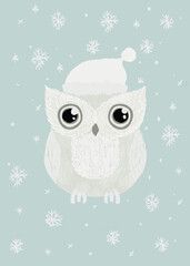 Cute snow owl illustration with white fluffy hat and a pom pom