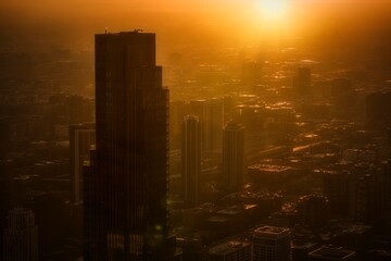 This photograph shows an aerial view of Chicago's city skyline as the sunset illuminates the...