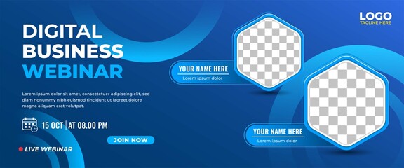 Business webinar horizontal banner template design. Modern Blue color with place for the photo. Usable for banner, cover, and header.