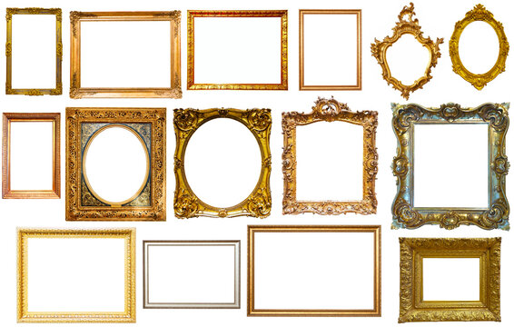 collection of isolated old fashioned empty art frames in different shapes