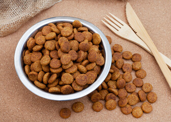 bowl of dried dogfood pellets with copy space