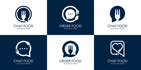 Food Talk  icon set Logo vector illustration design template,or ordering food or chat bubbles with a fork