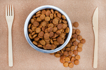 bowl of dried dogfood pellets with copy space