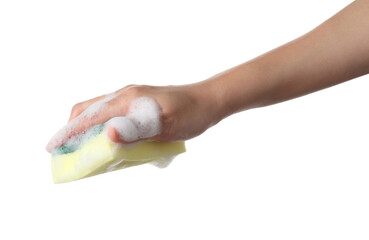 Hand holding cleaning sponge on white background