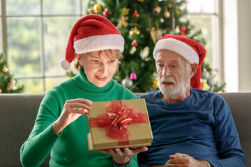 Obraz na płótnie Canvas Woman opening Christmas gift from husband