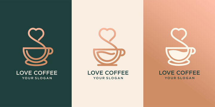 Set of Cup of coffee with heart shaped smoke, print for clothes, t-shirt, emblem or logo design, vector illustration. Continuous line drawing.