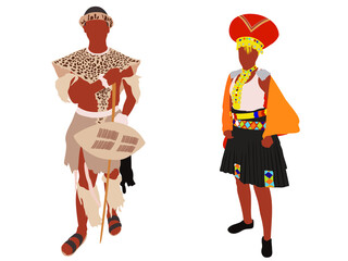 South African zulu man and women in traditional outfit illustration - obrazy, fototapety, plakaty