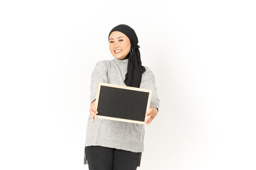 Showing, Presenting and holding Blank Blackboard of Beautiful Asian Woman Wearing Hijab