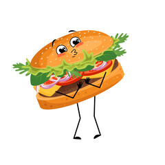 Cute character hamburger with love emotions, smile face, arms and legs. Cheerful fast food person, sandwich with loving expression. Vector flat illustration of products and meat meals