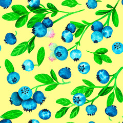 Blueberries seamless pattern. Watercolor vintage illustration. Isolated on a yellow background. For your design.